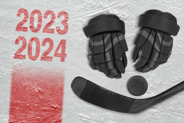 Hockey gloves, hockey stick and puck