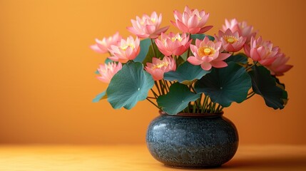  a vase filled with lots of pink flowers on top of a wooden table next to a yellow wall and a black vase filled with water lilies and green leaves.