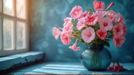  a vase filled with pink flowers sitting on top of a window sill next to a green vase with pink flowers on top of a window sill next to a blue wall.