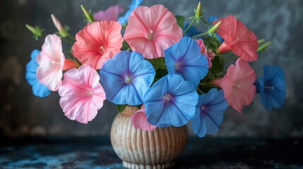  a vase filled with pink, blue and pink flowers on top of a blue and white tablecloth covered table next to a gray wall and a blue and white vase with pink and blue flowers.