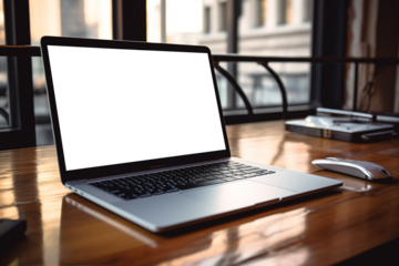 illustration of a laptop on the table in office. Created with Generative AI