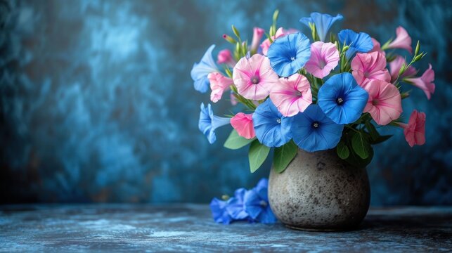  a vase filled with blue, pink, and purple flowers on top of a blue and white tablecloth covered tablecloth next to a blue and black wall with a blue background.