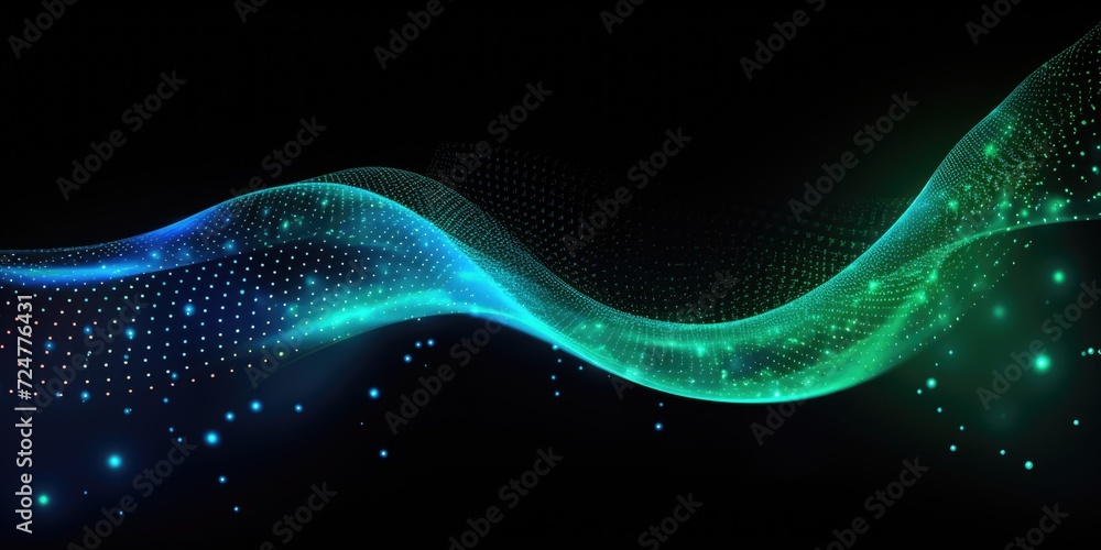 Poster an abstract wave in shades of blue and green against a black background. can be used for various des