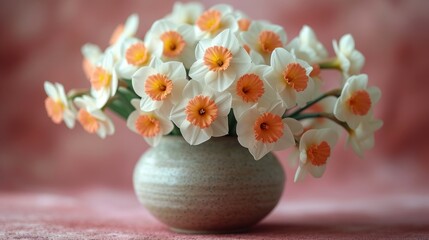  a vase filled with white and orange flowers on top of a pink tablecloth covered table with a pink wall behind it and a pink wall behind the vase with orange and white flowers.