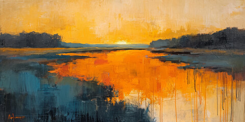 Oil painting, landscape with river, lake, trees in the background. Beautiful artistic piece of digital art for wallpaper, art print, background design.