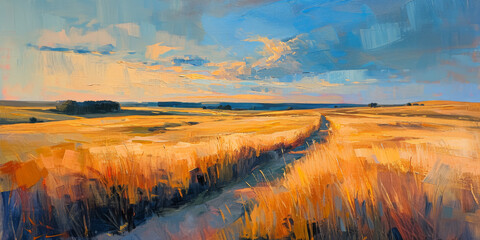 Oil painting, landscape with river, lake, trees in the background. Beautiful artistic piece of digital art for wallpaper, art print, background design.