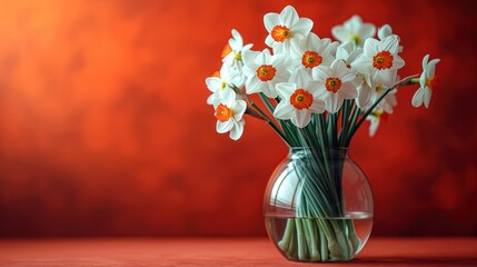  a vase filled with white and orange flowers on top of a red table with a red wall behind it and a red wall behind the vase is filled with white and orange flowers.