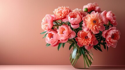  a vase filled with lots of pink flowers on top of a wooden table next to a pink wall and a pink wall behind the vase is holding a bouquet of pink flowers.