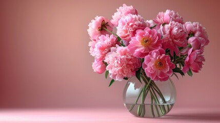  a vase filled with pink flowers sitting on top of a pink table next to a pink wall and a pink wall behind the vase is a bouquet of pink carnations.