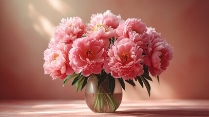  a vase filled with lots of pink flowers on top of a wooden table next to a pink wall and a pink wall behind the vase is filled with pink flowers.