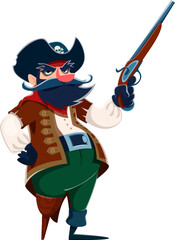 Cartoon pirate captain character with wooden leg and gun. Funny bearded man vector personage of pirate or corsair robber captain in black tricorn hat, bandana, coat and gloves showing medieval weapon