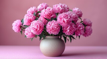  a white vase filled with pink flowers on top of a pink surface with a pink wall behind it and a pink wall behind the vase with a bunch of pink carnations in it.