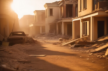 Destroyed houses in the city due to explosions, devastation, war at sunset. - obrazy, fototapety, plakaty