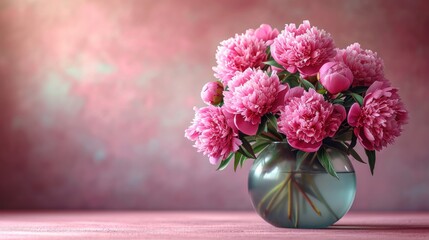  a vase filled with pink flowers sitting on top of a pink table next to a pink wall and a pink wall behind the vase is a bouquet of pink carnations.
