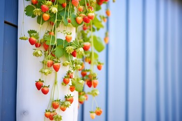 vertical column of hanging strawberry plants