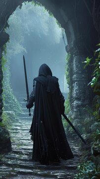 The photo shows a figure in dark armor and hood holding a sword and walking through an ancient stone corridor surrounded by vegetation. The photo has a misty atmosphere that adds to the mystery and my