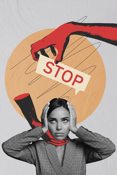 Vertical collage picture illustration monochrome effect sadness upset young woman stop harassment work sexism white background