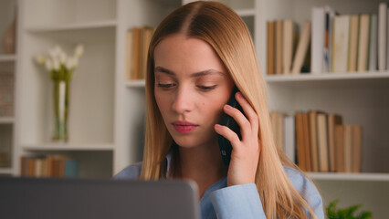 Caucasian business woman female manager girl employer lady businesswoman talking phone answer call...