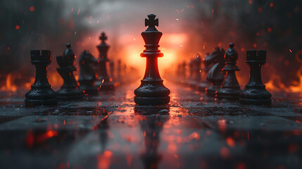 Black chess piece aggressive attack. Epic chess game illustration. Successful strategy, checkmate...