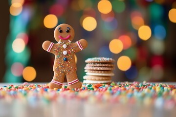 Obraz premium gingerbread man standing on tiptoes amidst sprinkles