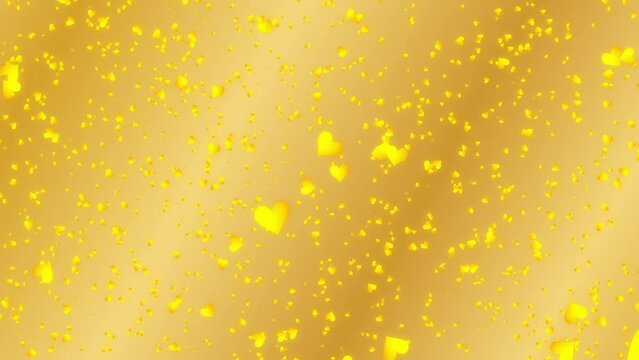 Abstract background footage with transparent gold heart shapes falling and flowing on the wind from gold gradient background. For Happy Valentine's day and wedding ceremony.