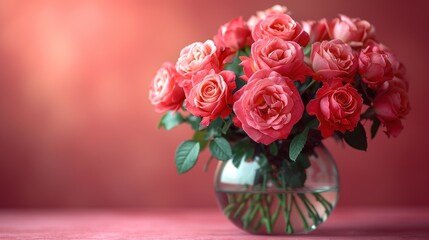  a vase filled with pink roses sitting on top of a wooden table next to a pink wall and a pink wall behind the vase is a vase with pink roses.