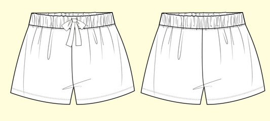 Nightwear Shorts with Bow on Waistband - Black and White Outline Fashion Flat Sketch with Front and Back View.