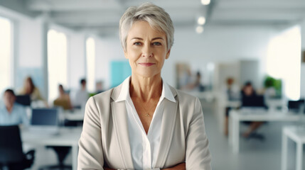 Fototapeta premium Business woman manager smiling at office abstract backgound. Generative ai.