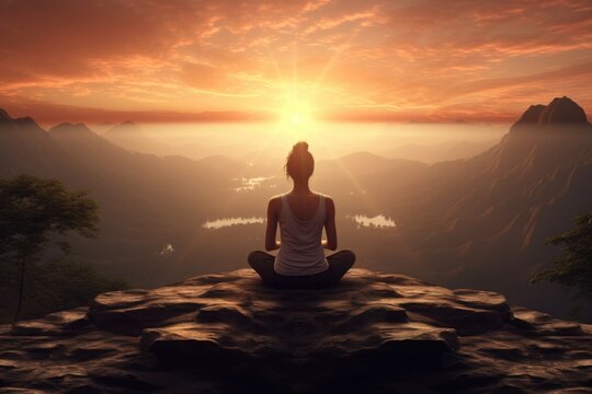 A woman is sitting on top of a rock with a beautiful sunset in the background. This image can be used to depict peace, solitude, and reflection. Ideal for travel, nature, and inspirational concepts