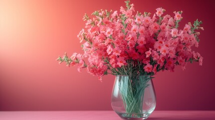  a vase filled with pink flowers sitting on top of a pink table next to a pink wall and a pink wall behind the vase is a vase with pink flowers.