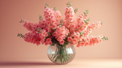  a vase filled with pink flowers sitting on top of a table next to a pink wall and a pink wall behind the vase is a vase filled with pink flowers.