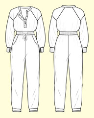 Ladies Jumpsuit with Side Pockets and Henley Neck - Black and White Outline Fashion Flat Sketch with Front and Back View.