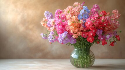  a vase filled with pink, purple, and blue flowers on a table next to a brown wall and a brown wall behind the vase is filled with pink, purple, blue, pink, purple, purple, purple, and.