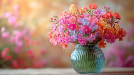  a vase filled with colorful flowers sitting on top of a table next to another vase filled with pink, orange, and purple flowers on top of a brown table.