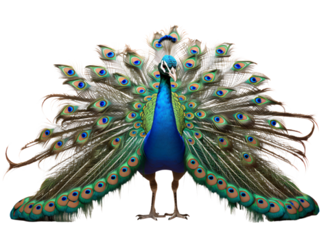 Proud Peacock Displaying Its Plumage, isolated on a transparent or white background