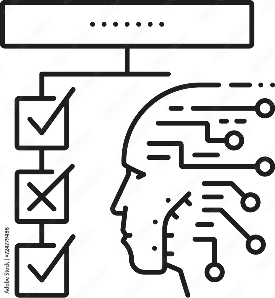 Poster Machine reinforcement learning, AI artificial intelligence algorithm icon. Artificial intelligence future technology, robotic learning algorithm, computer innovation line vector icon with android face