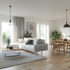 Fototapeta premium Interior design of modern scandinavian apartment, living room and dining room, panorama 3d rendering.