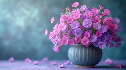  a vase filled with pink and purple flowers on top of a purple table next to a gray vase filled with pink and purple flowers on top of a purple table.