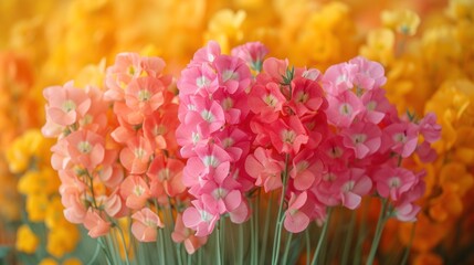  a bunch of pink and yellow flowers in front of a bunch of orange and yellow flowers in front of a bunch of yellow and pink flowers in front of yellow flowers.