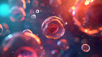 Human cell or Embryonic stem cell under microscope, background - obrazy, fototapety, plakaty