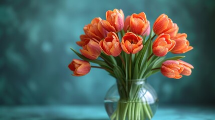  a bouquet of orange tulips in a clear glass vase on a blue and green tablecloth with a blurry backgrouund of the wall in the background.