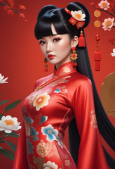 A woman wears a red cheongsam for Chinese New Year