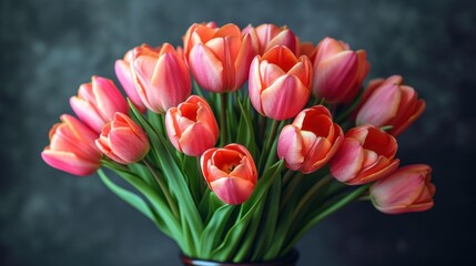  a vase filled with lots of pink tulips on top of a blue tablecloth covered tablecloth with a black background behind the vase is full of pink tulips.