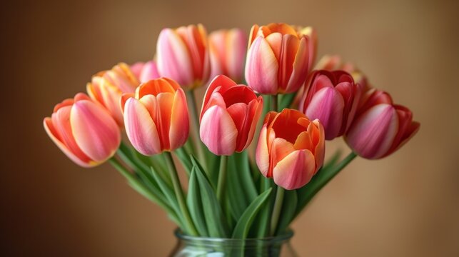  a bunch of pink and orange tulips in a glass vase on a brown background with a blurry back drop of the image of the tulips.