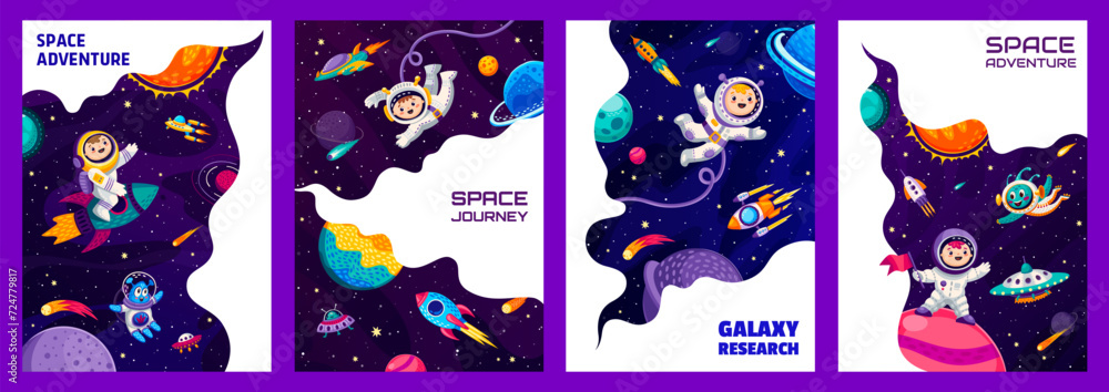 Poster Space landing pages, kid astronauts with ufo and aliens, starry galaxy or space planets, vector website or web page. Galaxy landing page with kid spaceman on rocket in space with asteroids