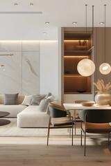 Interior design of modern scandinavian apartment, living room and dining room, panorama 3d rendering.