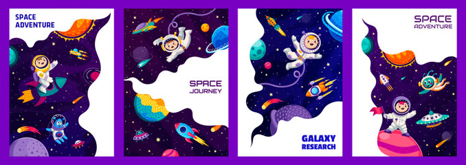 Space landing pages, kid astronauts with ufo and aliens, starry galaxy or space planets, vector website or web page. Galaxy landing page with kid spaceman on rocket in space with asteroids