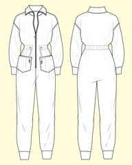 Ladies Zip Through Collar Jumpsuit with Side Pockets - Fashion Flat Sketch Front and Back View.