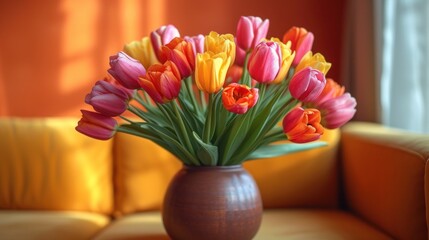  a vase full of colorful tulips sitting on a table in front of a yellow couch in a room with orange walls and a yellow chair in the background.
