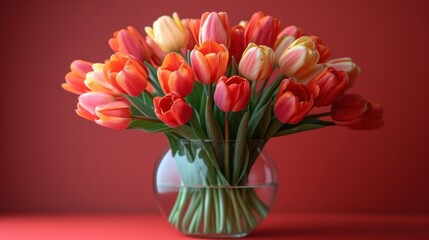  a vase filled with lots of colorful tulips on top of a red table top next to a red wall with a red wall behind the vase is a bouquet of tulips of tulips.